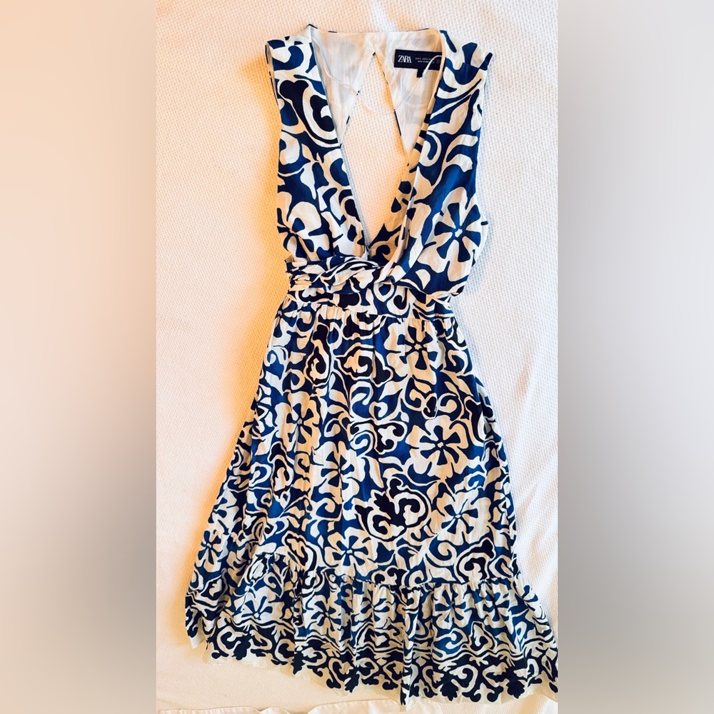 ZARA Blue & Black Floral Midi Maxi Dress w Cut-out Open Back - Picture 4 of 16